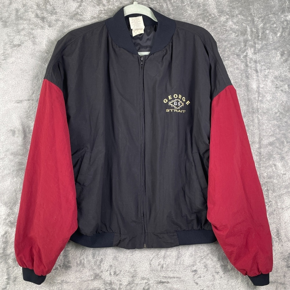 Vintage 90s GEORGE STRAIT Bomber Jacket Mens L Black Red Country Music Cowboy